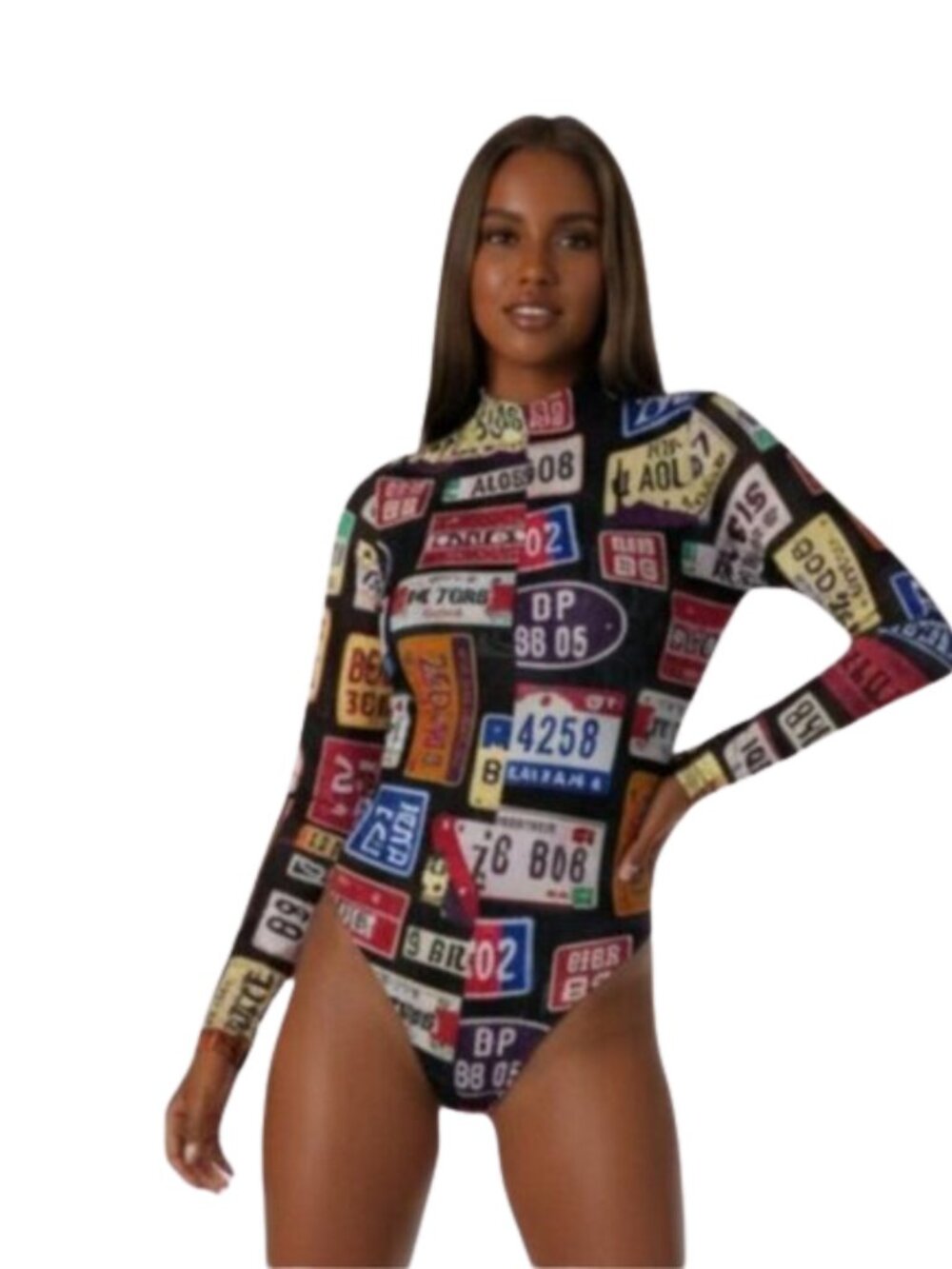 DAY G Retro Y2K License Plate Print Sheer Zipper Bodysuit Leotard - Rare Pop Art
